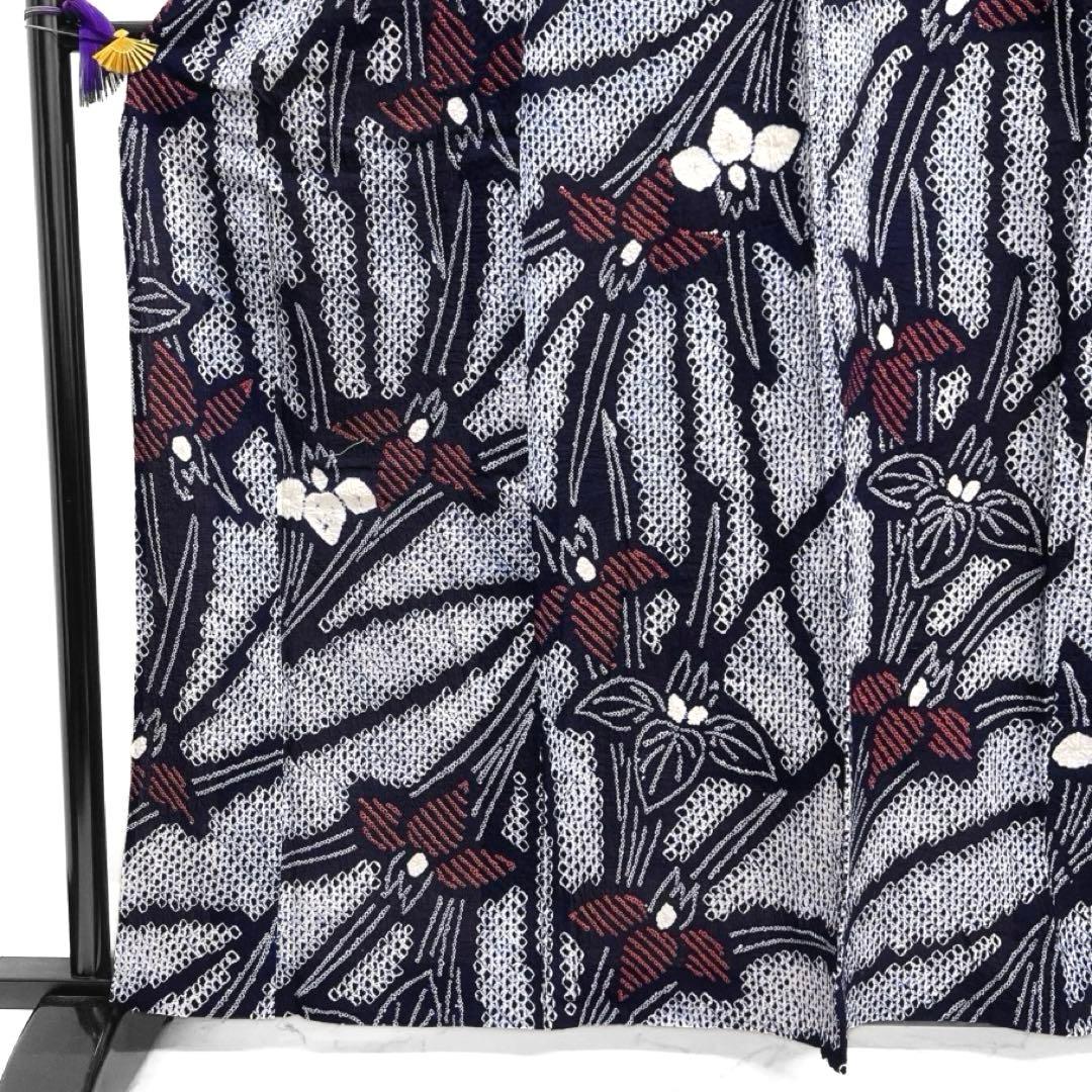 浴衣　有松鳴海絞り　桐の花　ネイビー　藍染　リーフ　着物　063a d