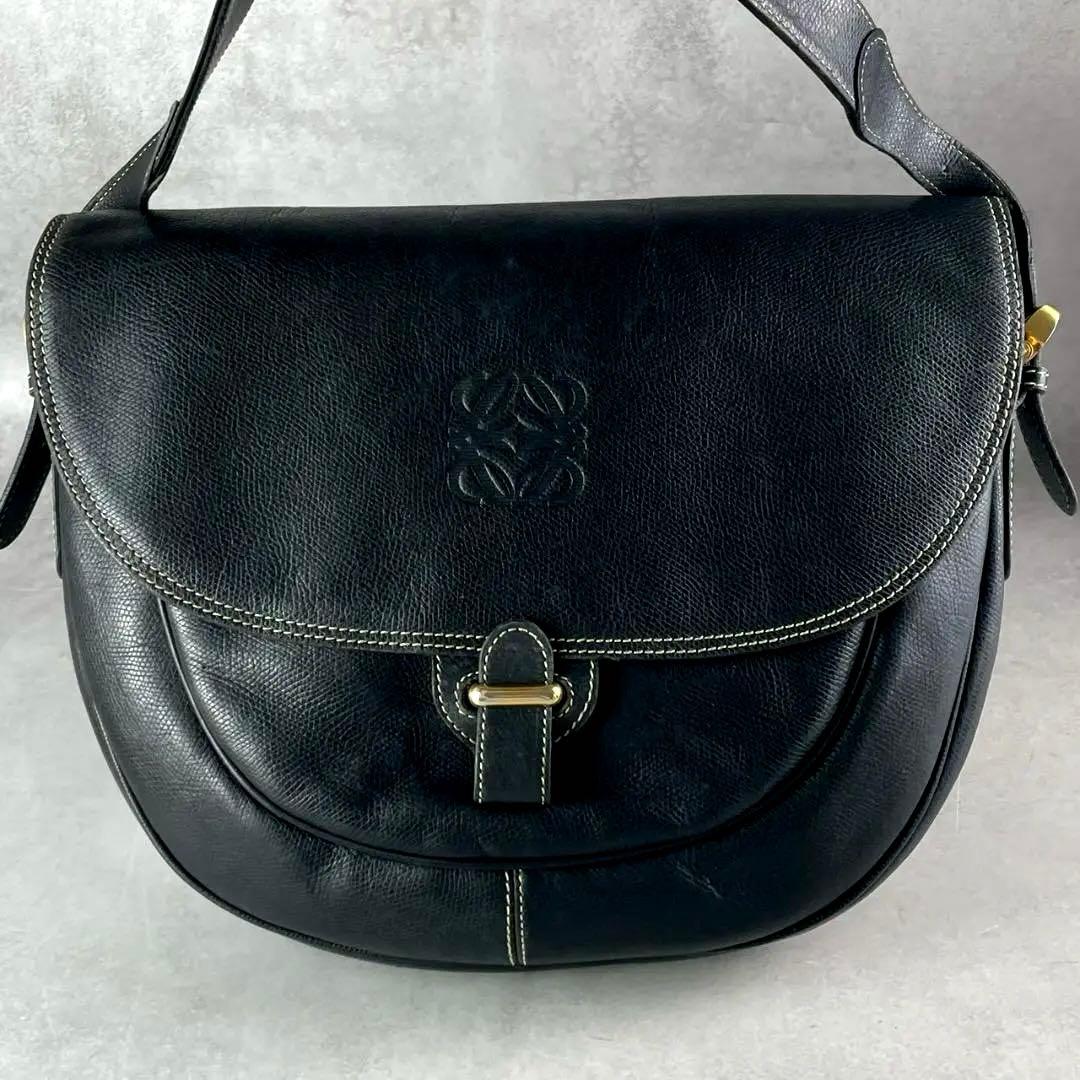 【美品】LOEWE ロエベ ショルダーバッグ アナグラム 1846 レザー 黒