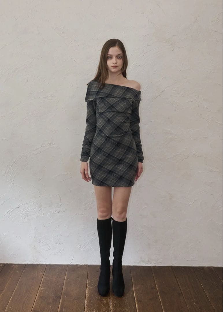 ワンピース YILON ONE-SHOULDER CHECK MINI OP