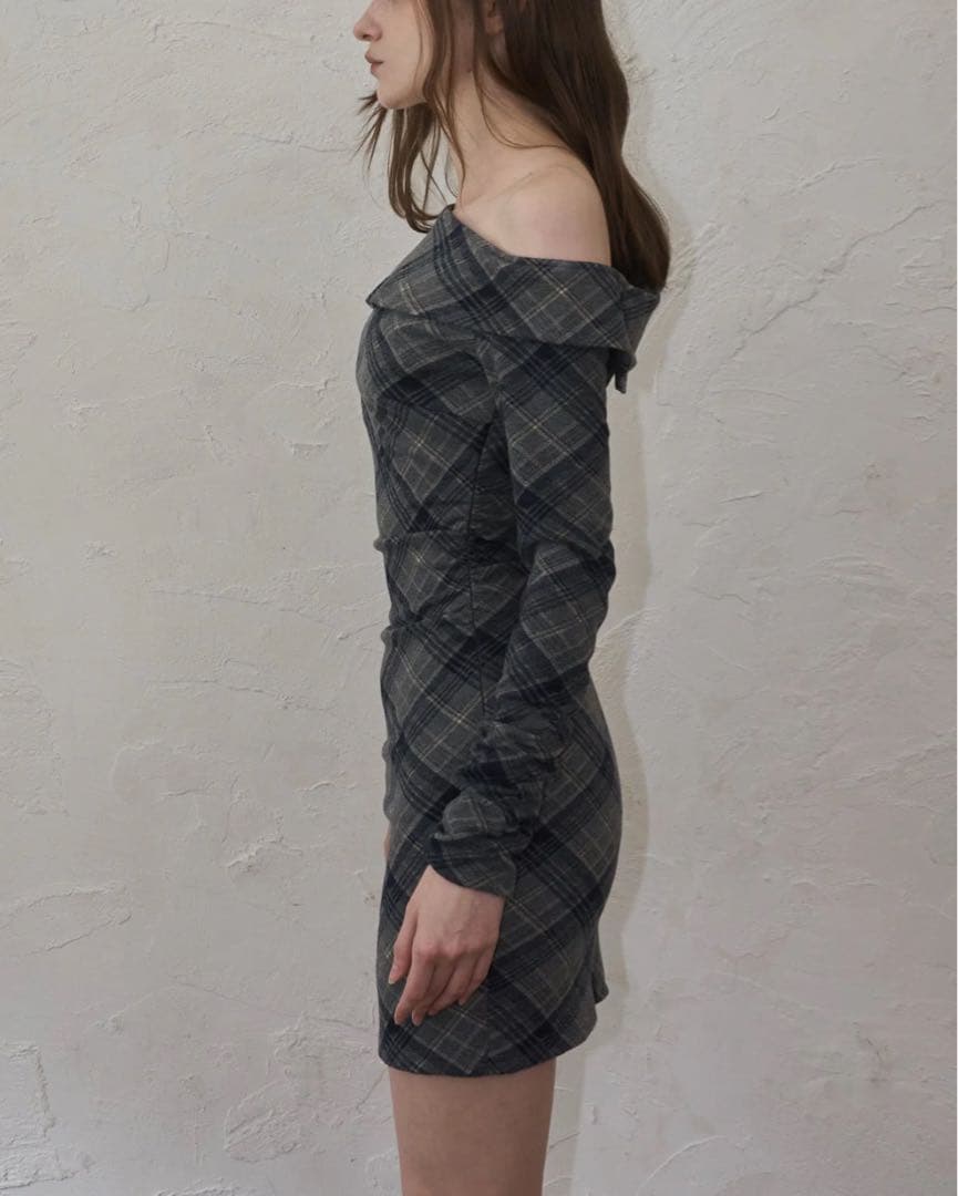 ワンピース YILON ONE-SHOULDER CHECK MINI OP