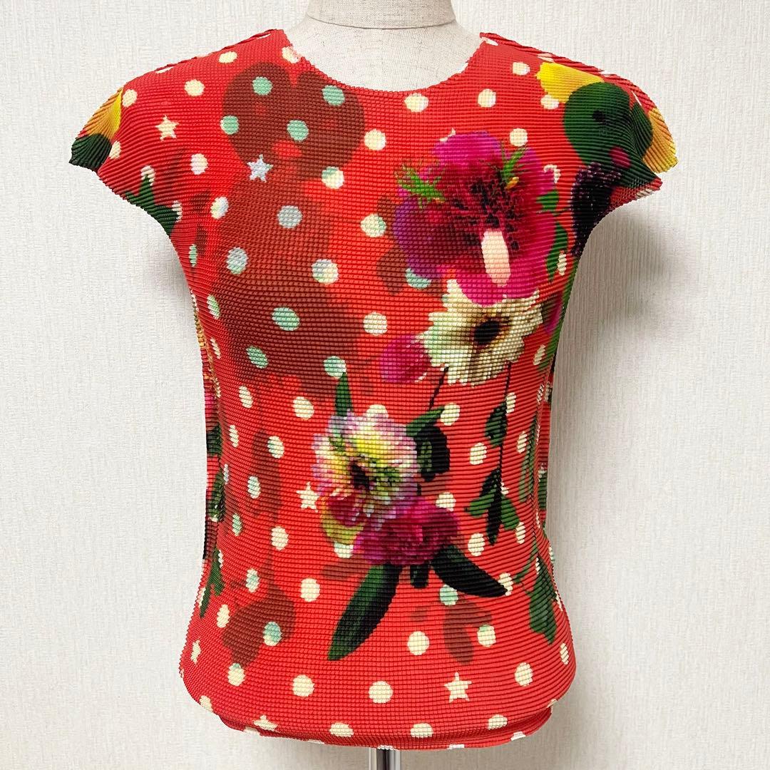 イッセイミヤケ ボックスプリーツ ドット柄 花柄 ブラウス カットソー オレンジ