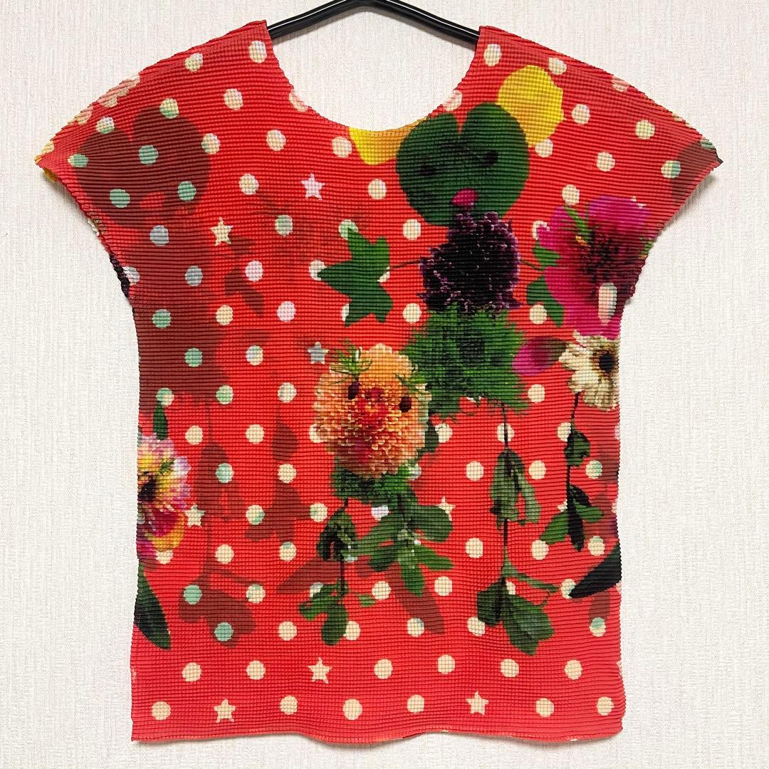 イッセイミヤケ ボックスプリーツ ドット柄 花柄 ブラウス カットソー オレンジ