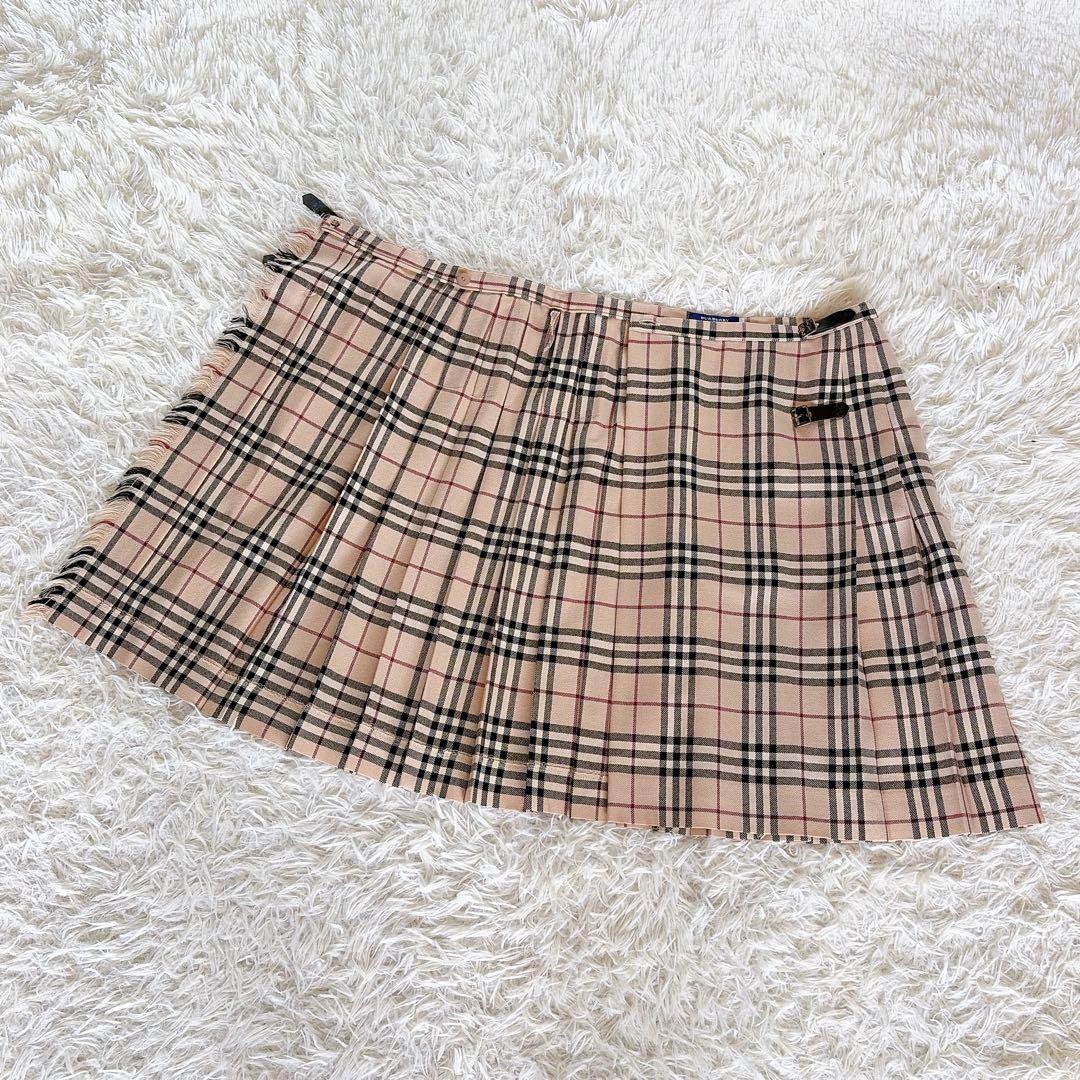 【バーバリーブルーレーベル】ベルトラッププリーツスカート フリンジ ノバチェック
