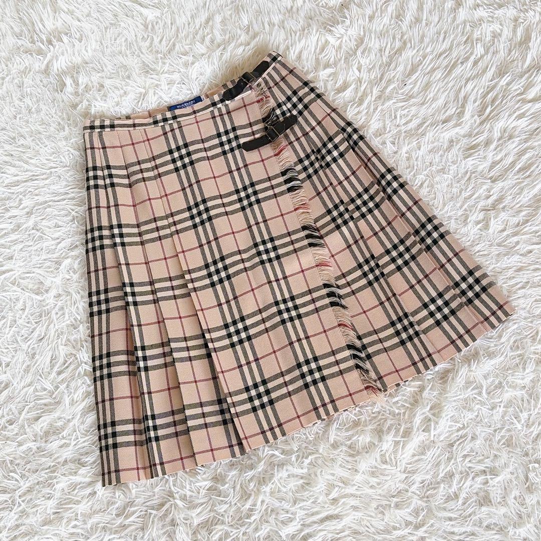 【バーバリーブルーレーベル】ベルトラッププリーツスカート フリンジ ノバチェック