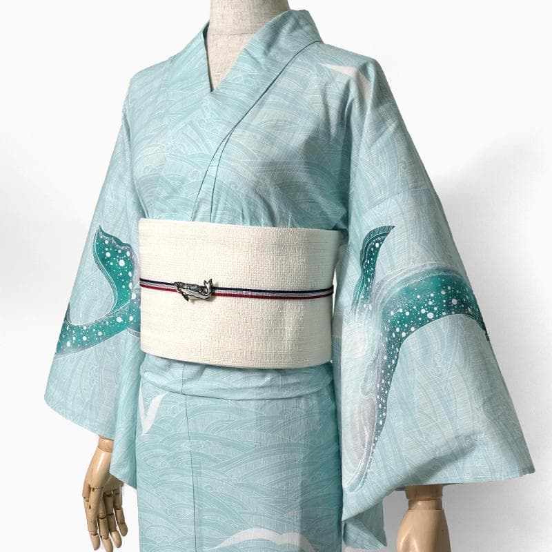 ★ミントグリーン地にクジラと波柄★めずらしい絵羽浴衣★夏きもの大人の浴衣
