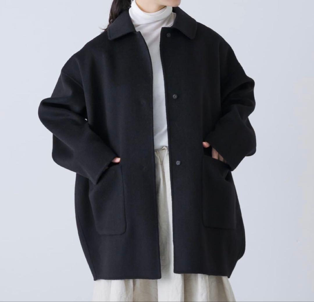 かぐれ　ウールステンカラーショートコート　ブラック