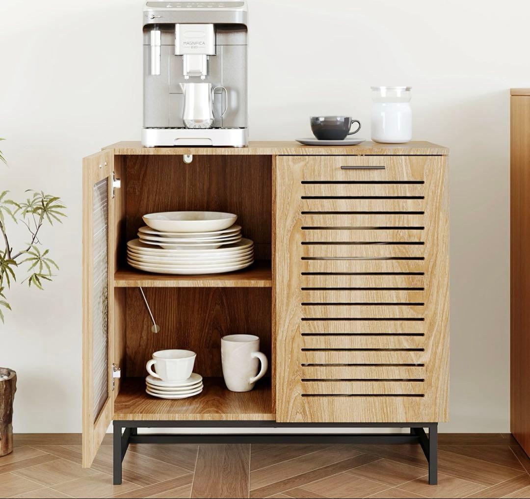 キャビネット サイドボード LEDライト付 両開き扉収納 木目調 幅80cm