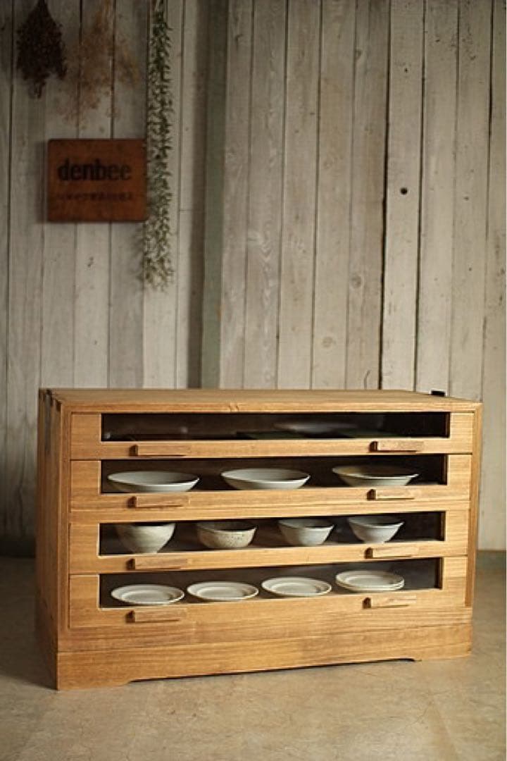 古い前面ガラスの引き出し4段　カトラリー収納　食器棚　シャツケース　古家具