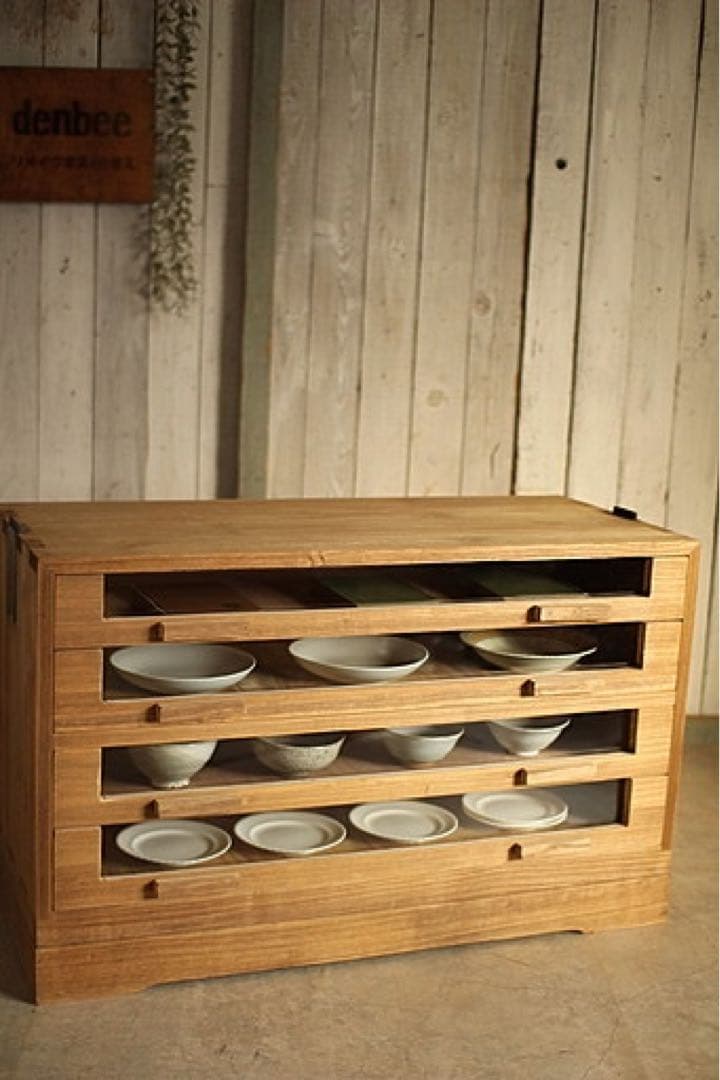 古い前面ガラスの引き出し4段　カトラリー収納　食器棚　シャツケース　古家具