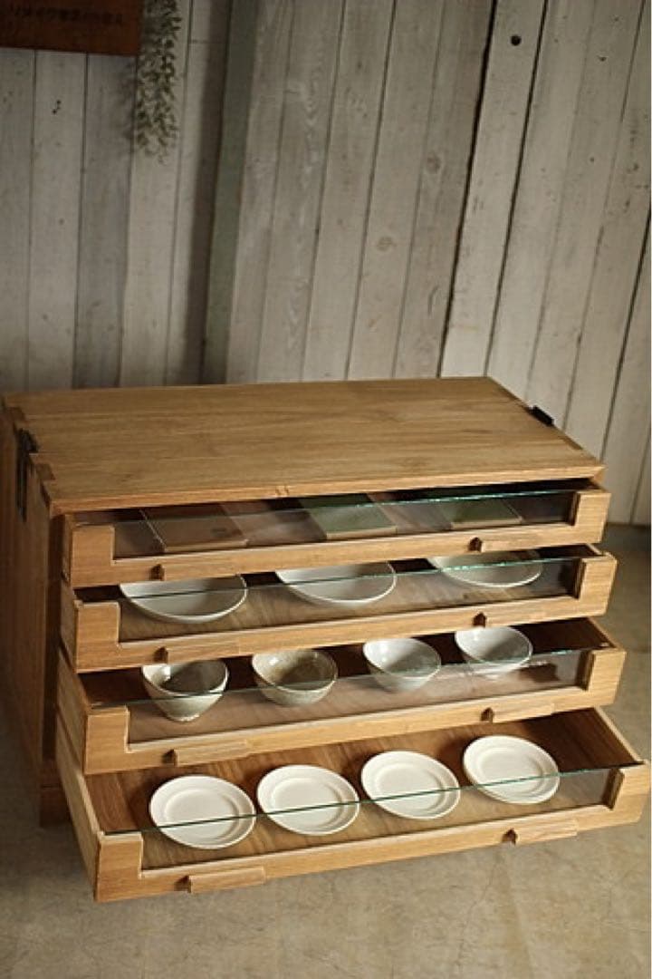 古い前面ガラスの引き出し4段　カトラリー収納　食器棚　シャツケース　古家具