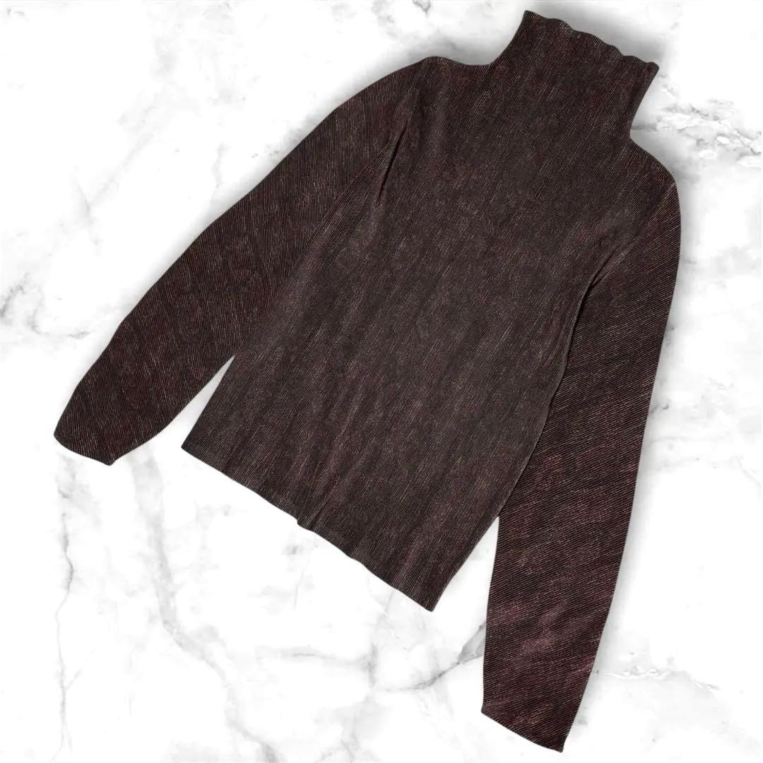 【美品】 プリーツプリーツ 長袖 ハイネック トップス ゆったり ストライプ