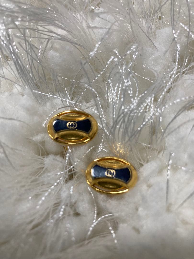 グッチ ヴィンテージ オーバルGGロゴカフス金 ゴールド×ネイビーボタン