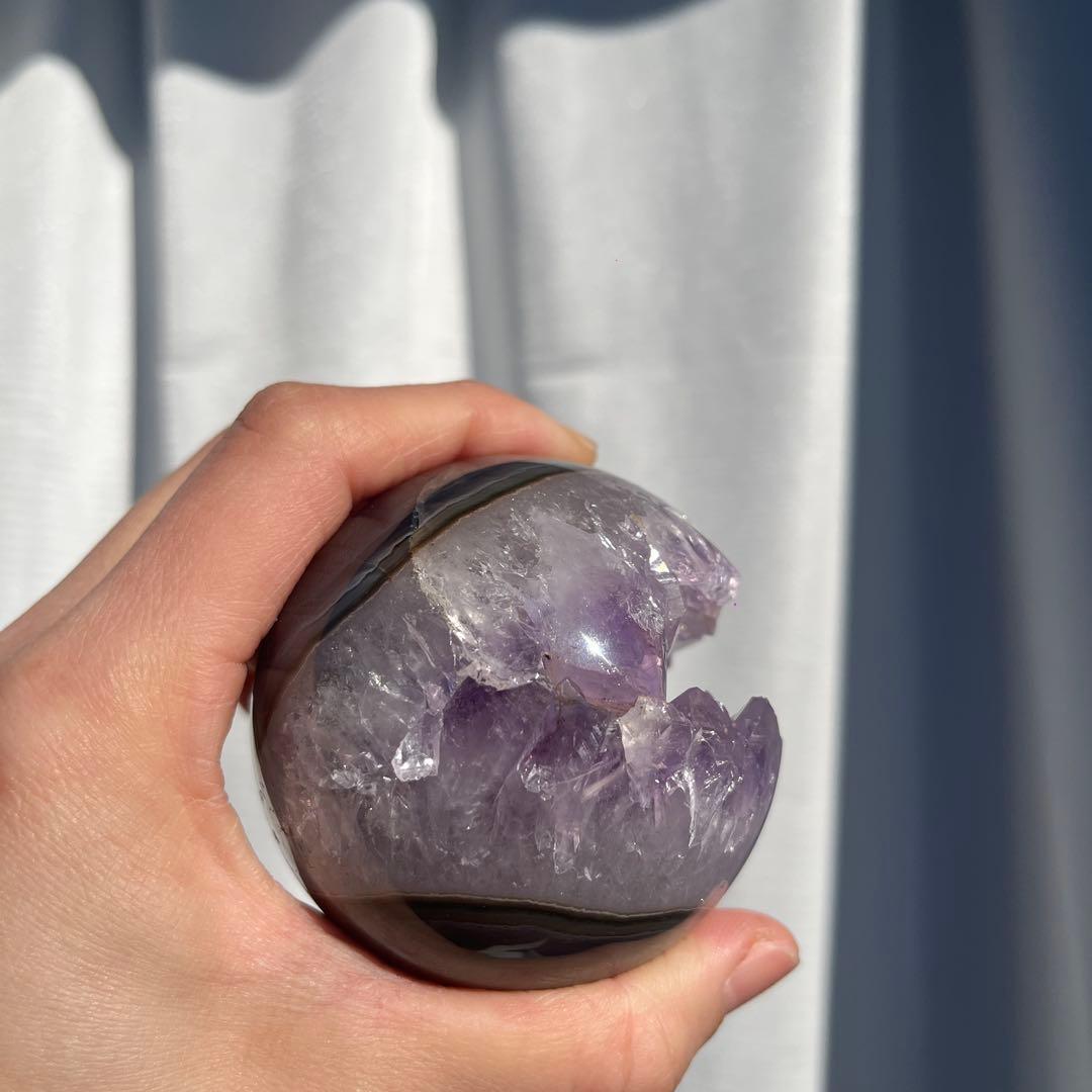 【天然石】レア★瑪瑙 メノウ アメジスト共生 笑口　龍穴　スフィア　丸玉