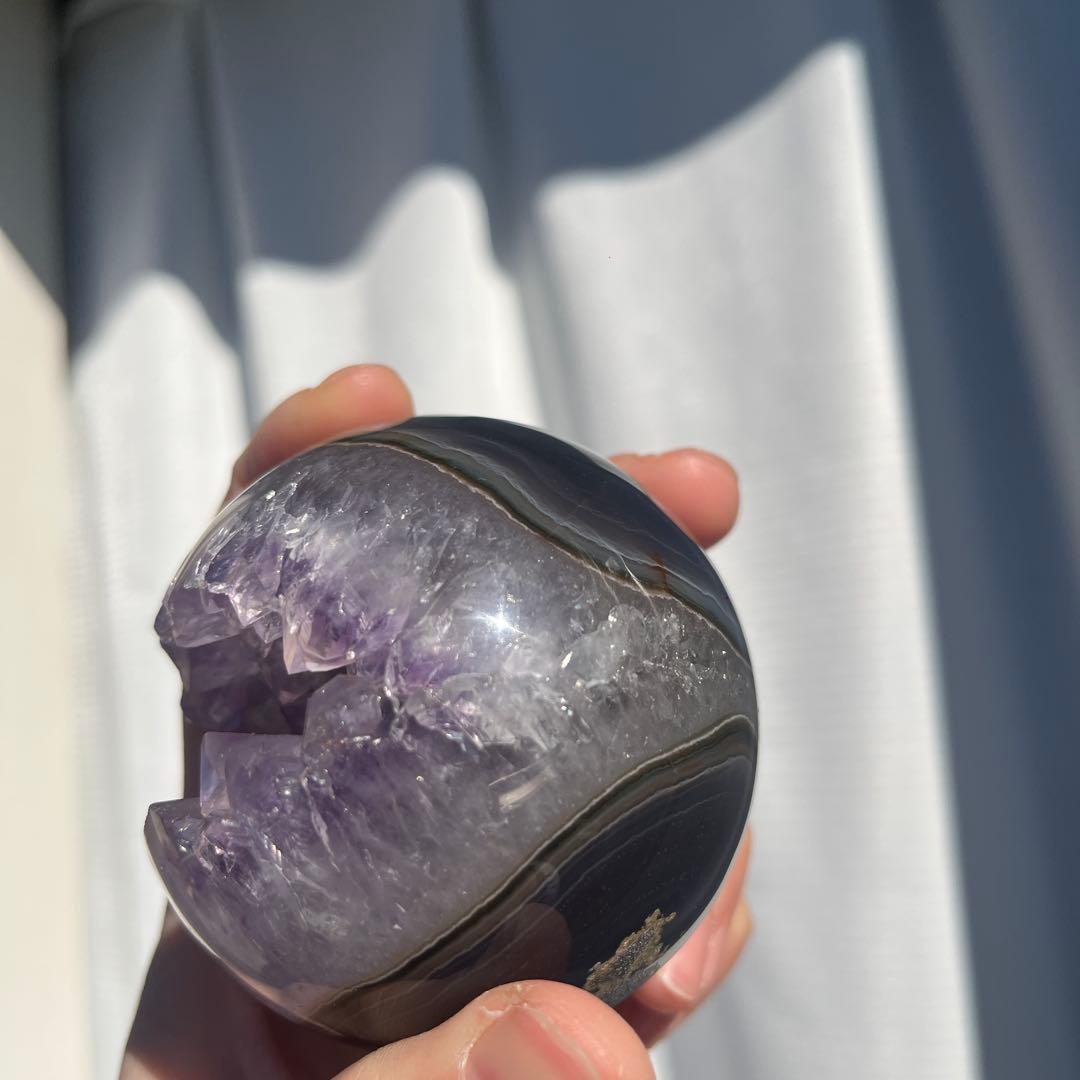 【天然石】レア★瑪瑙 メノウ アメジスト共生 笑口　龍穴　スフィア　丸玉