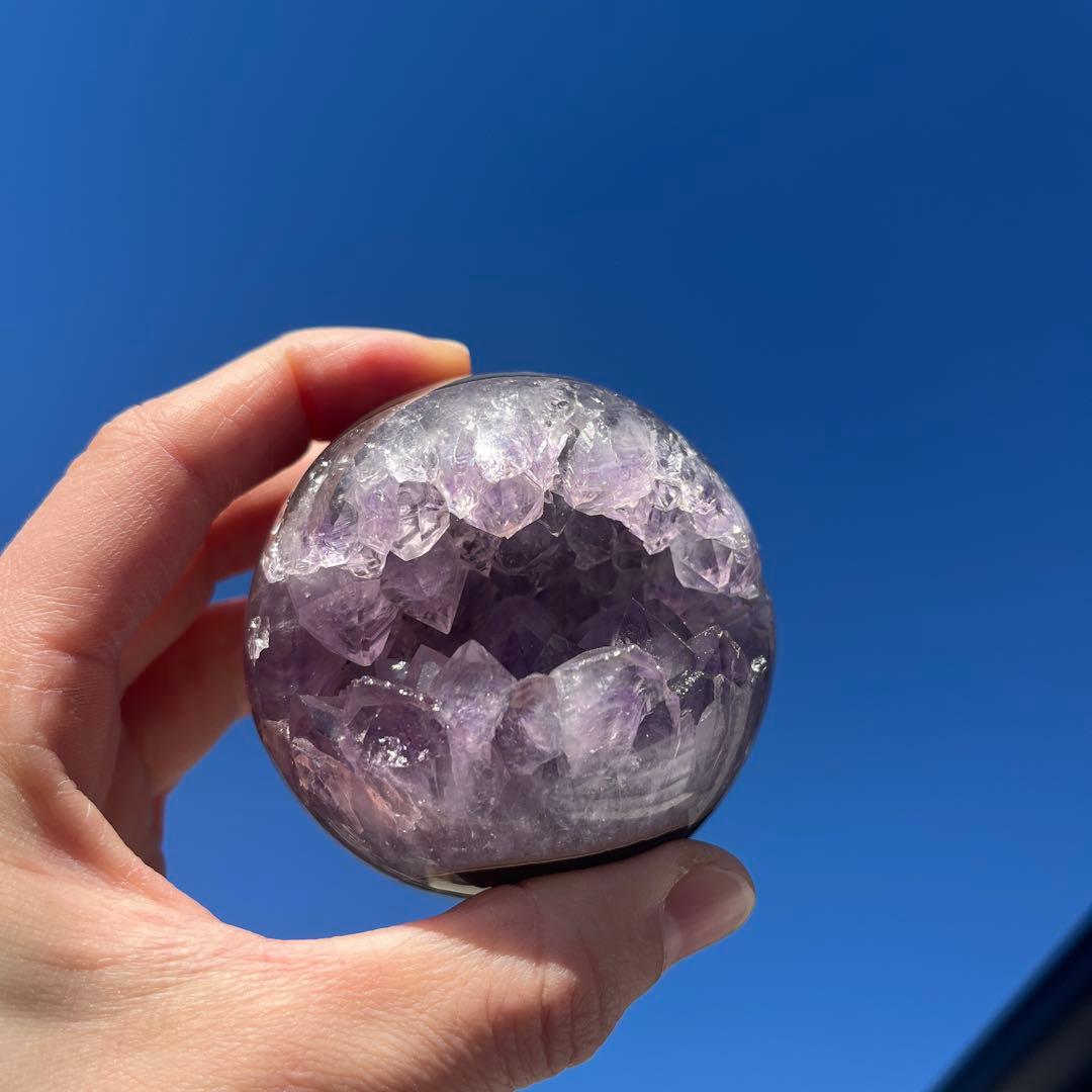 【天然石】レア★瑪瑙 メノウ アメジスト共生 笑口　龍穴　スフィア　丸玉