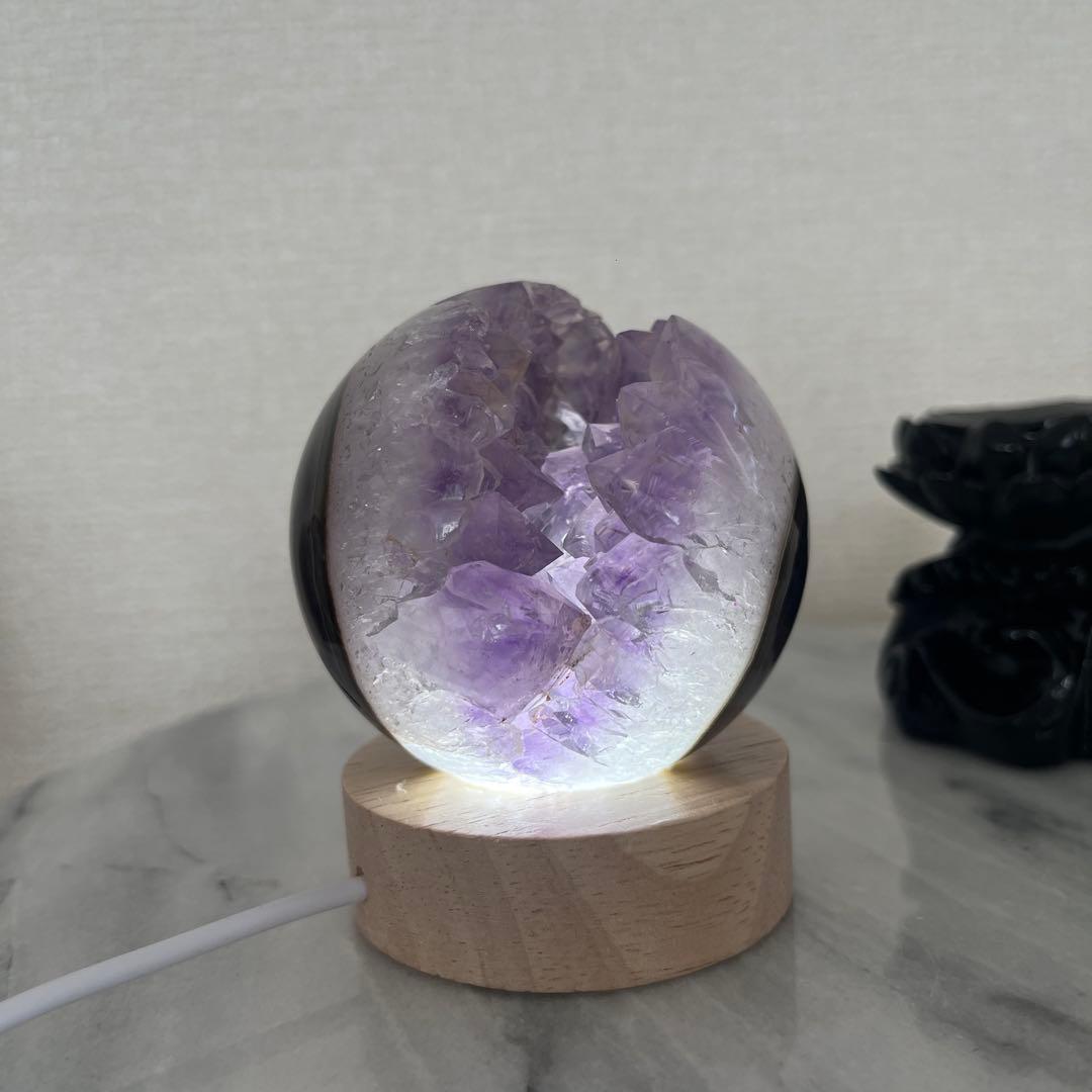 【天然石】レア★瑪瑙 メノウ アメジスト共生 笑口　龍穴　スフィア　丸玉