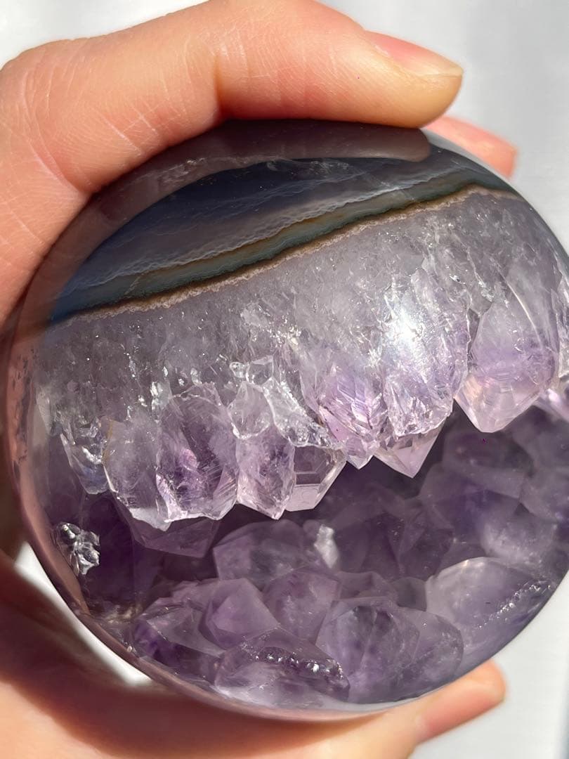 【天然石】レア★瑪瑙 メノウ アメジスト共生 笑口　龍穴　スフィア　丸玉