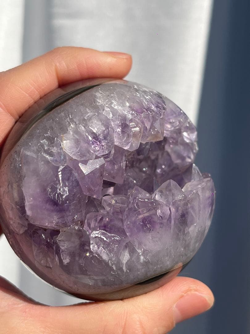 【天然石】レア★瑪瑙 メノウ アメジスト共生 笑口　龍穴　スフィア　丸玉