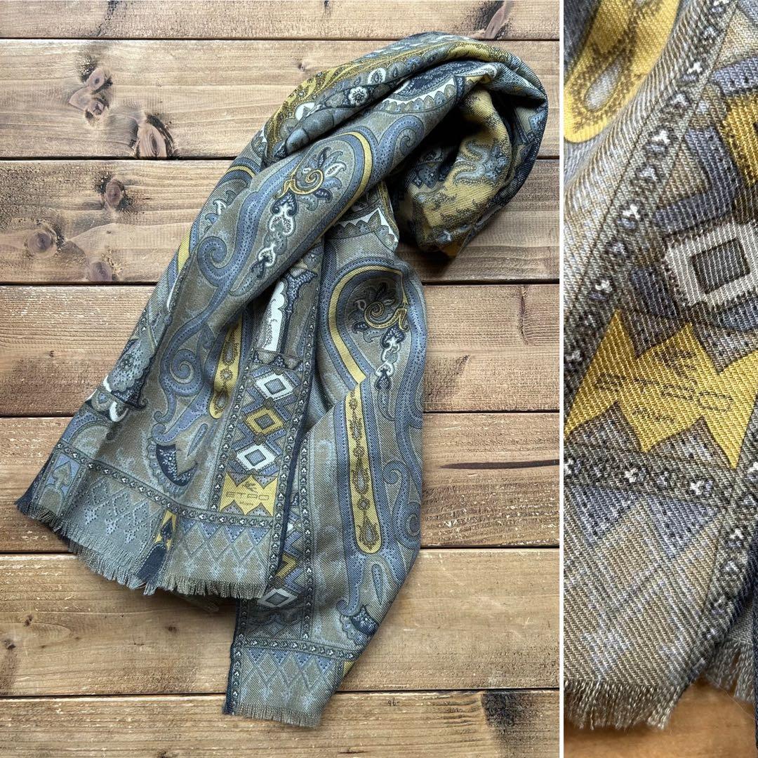 イタリア製 ETRO ウール シルク ペイズリー柄 ストール スカーフ イエロー