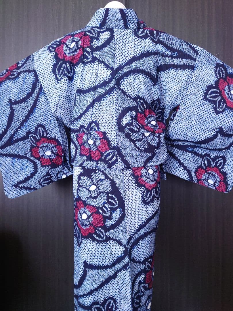 有松絞り　浴衣　椿　しつけ糸付　花