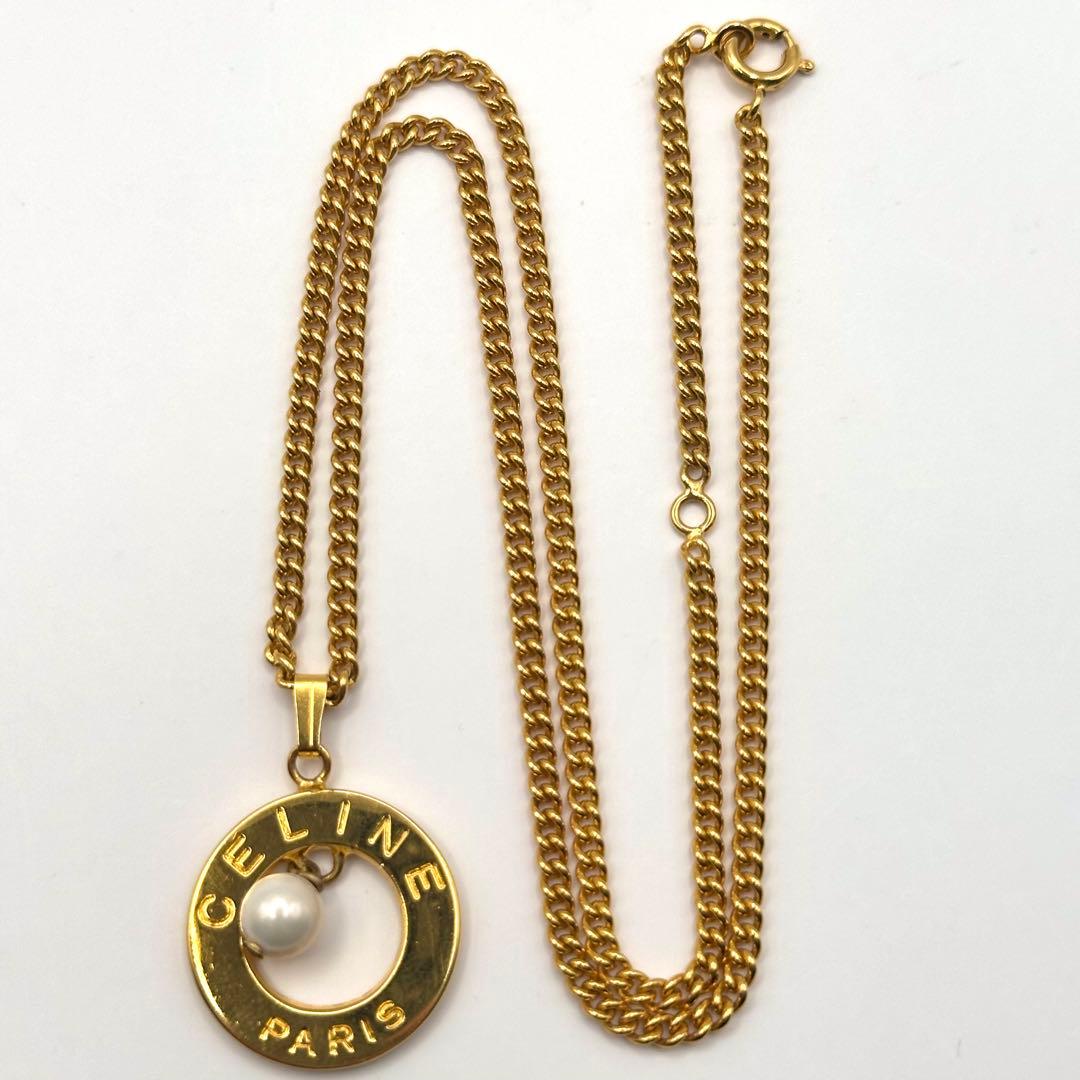 【美品】CELINE セリーヌ フェイクパール ラウンド ネックレス ゴールド