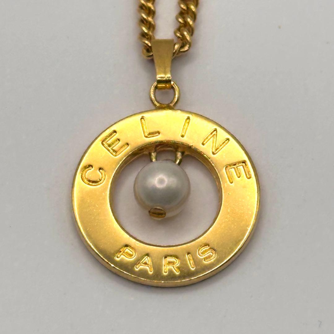【美品】CELINE セリーヌ フェイクパール ラウンド ネックレス ゴールド