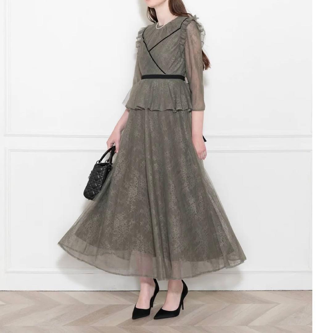 Leja 総レース花柄レイヤード配色フレア後ろリボン　ドレス　パーティードレス
