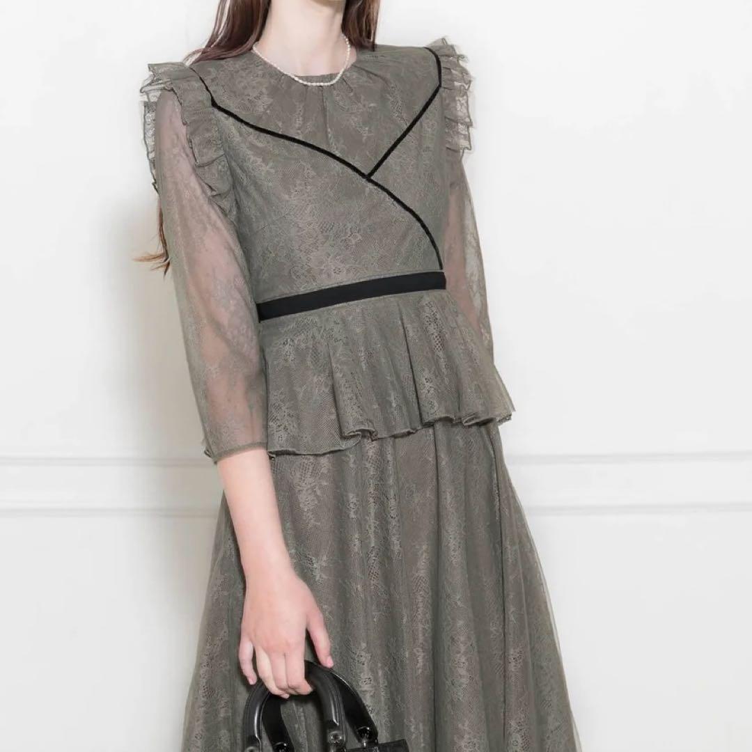 Leja 総レース花柄レイヤード配色フレア後ろリボン　ドレス　パーティードレス