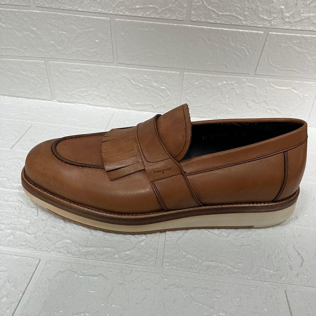 FERRAGAMO フェラガモ ブラウンレザー フリンジローファー 7 2E