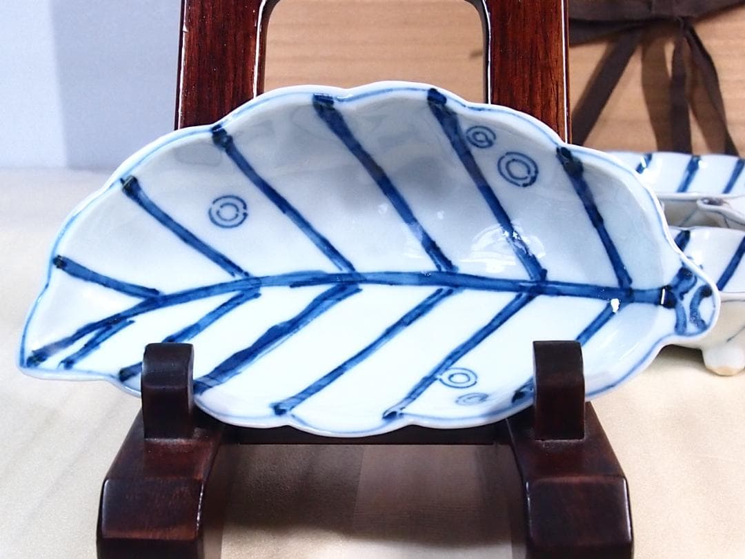【未使用】高橋芳宣 染付葉型向付 7客 葉文向附 銘々皿/菓子皿 茶道具 食器