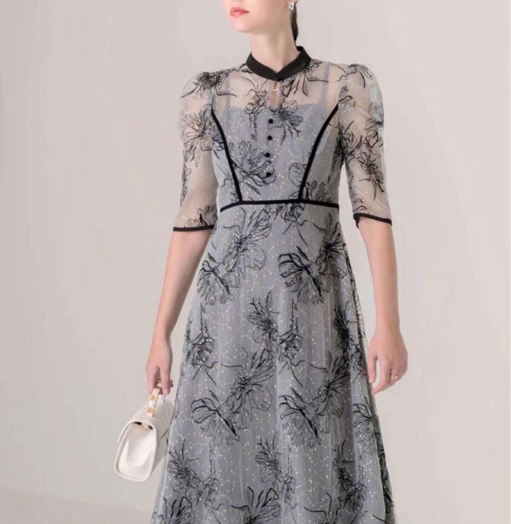 LEJA-配色パイピングプチハイネック花柄刺繍ラメレースロング丈ドレス