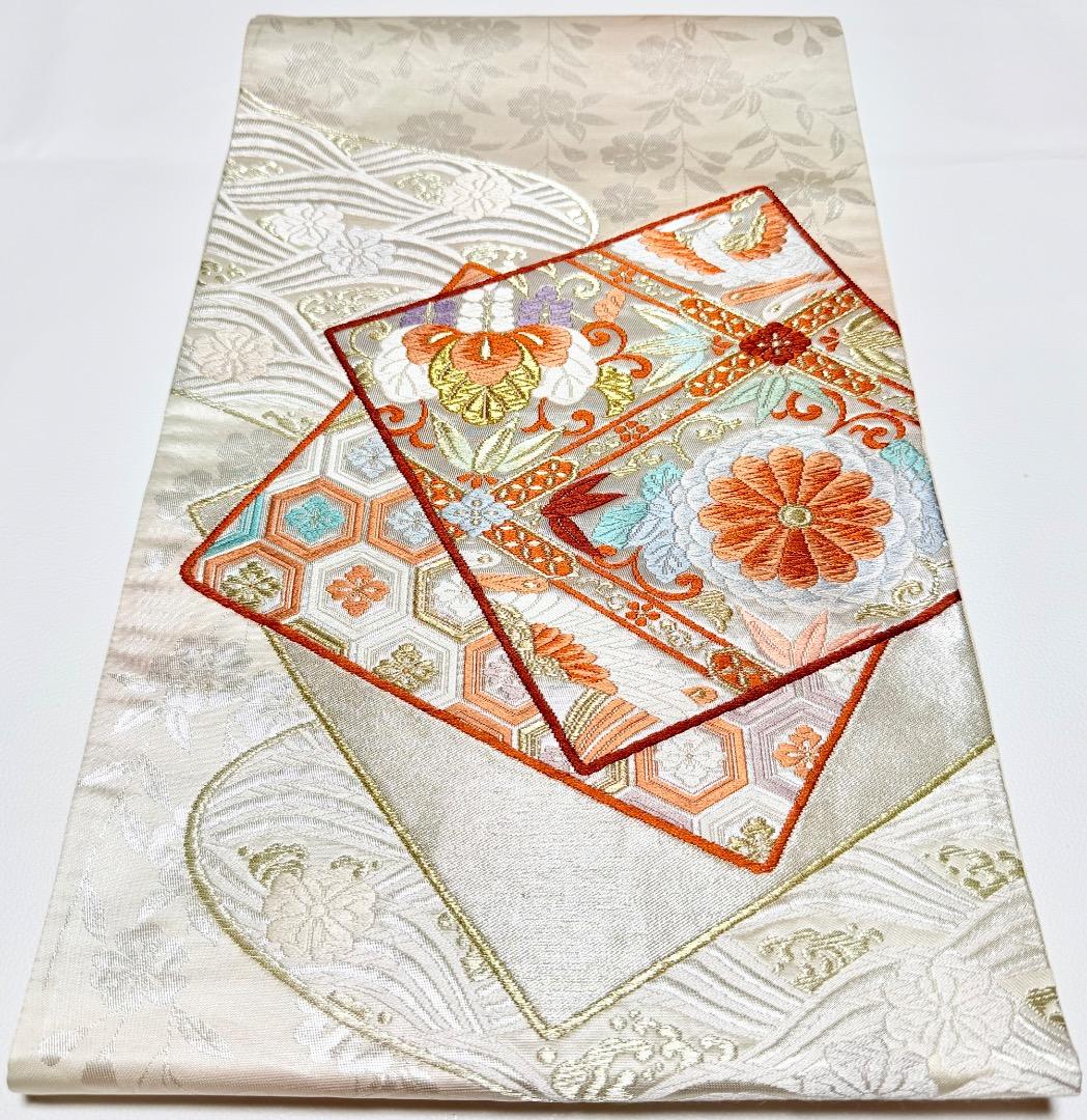 高級 袋帯 正絹 六通柄 香織袋帯 シルバー ホワイト 唐織 かるた遊び 訪問着