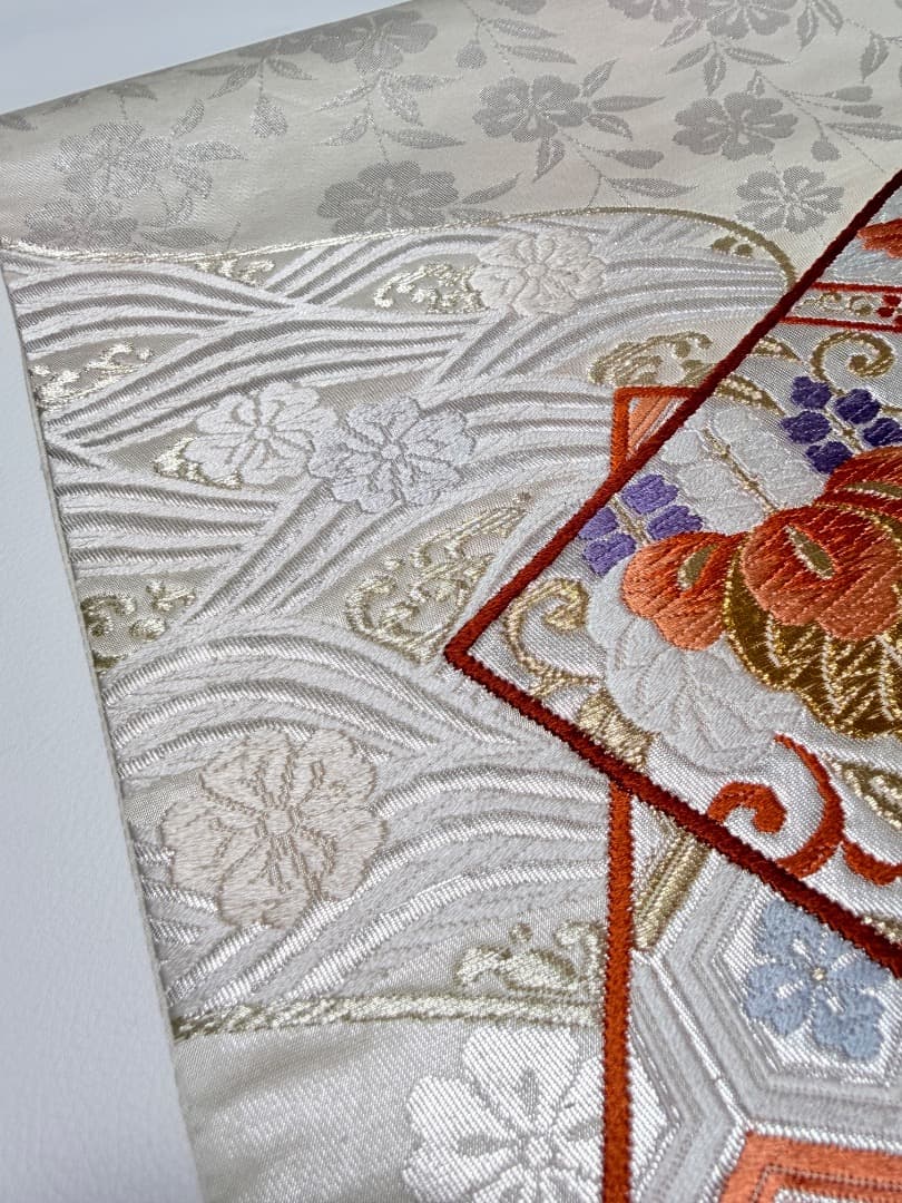 高級 袋帯 正絹 六通柄 香織袋帯 シルバー ホワイト 唐織 かるた遊び 訪問着