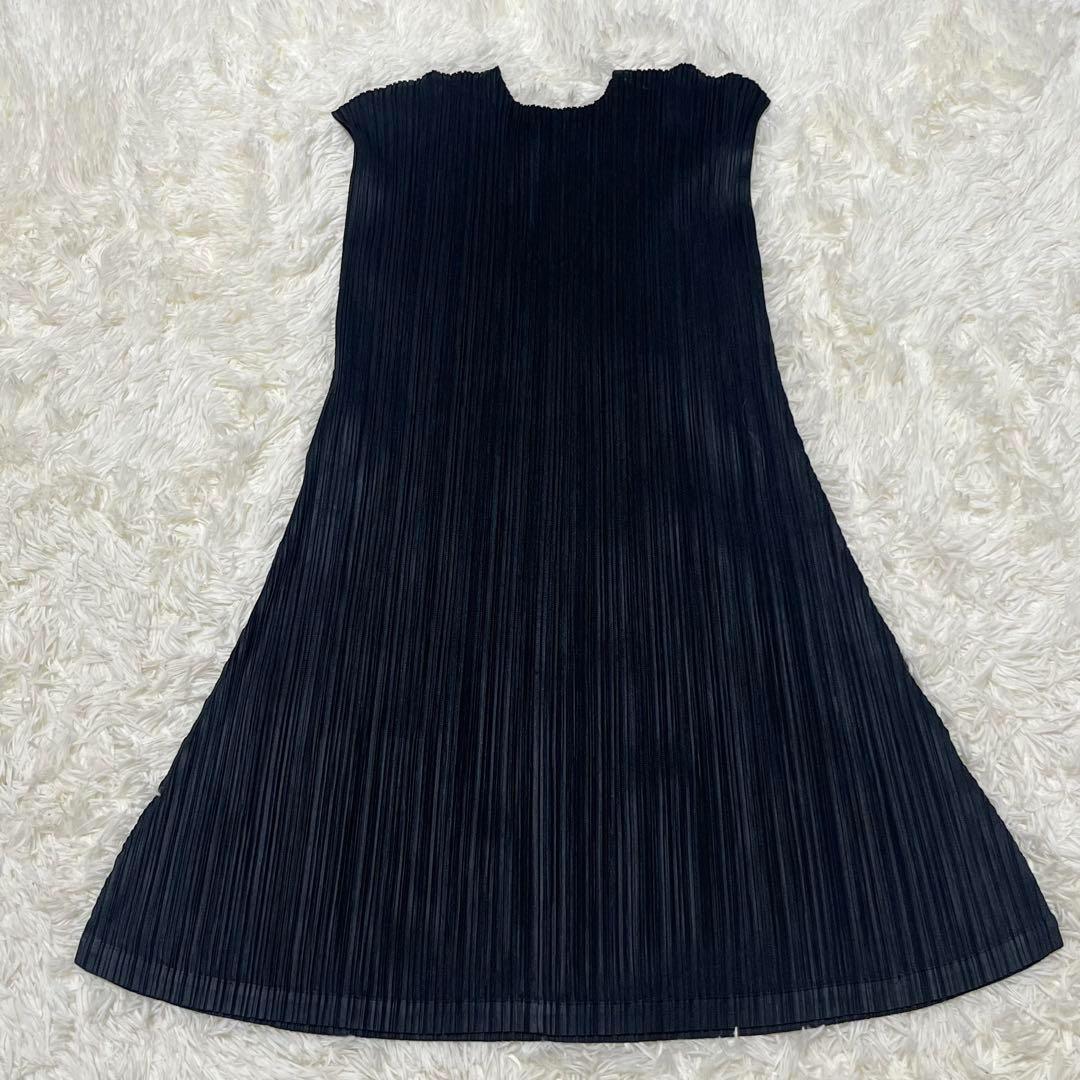 プリーツプリーズ　チュニック　Aライン　ワンピース　L フレンチスリーブ　黒