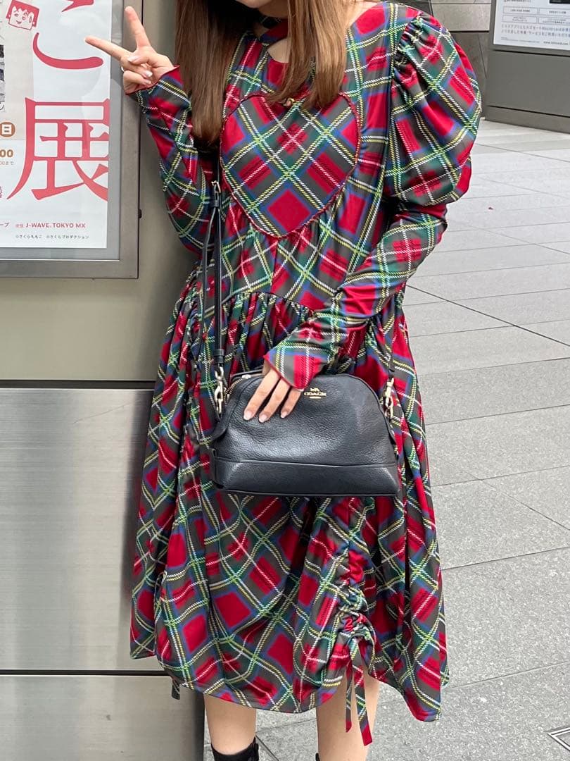 HEIHEI ヘイヘイ リボンワンピース RED 赤チェックロングワンピース