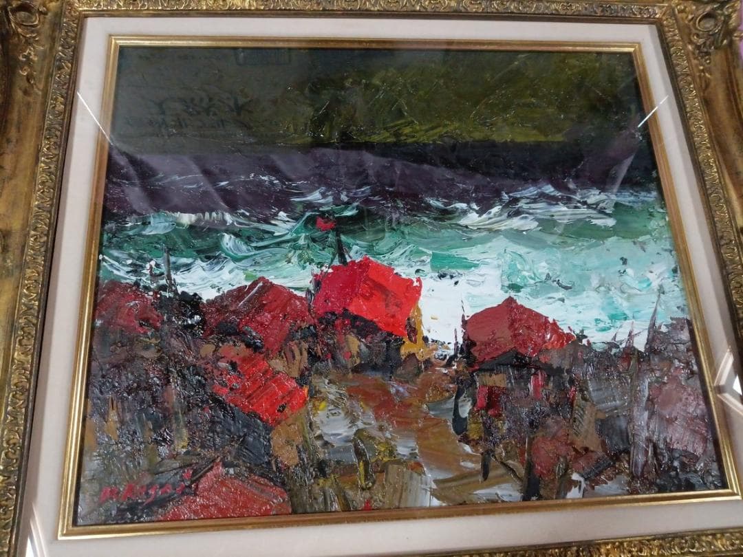 油彩画　葛西四雄作「北の浜辺」F8号　額付　サイン有　真作保証品