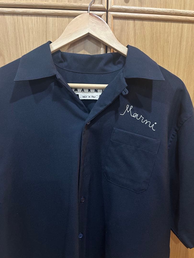 MARNIネイビー 半袖ボウリングシャツ