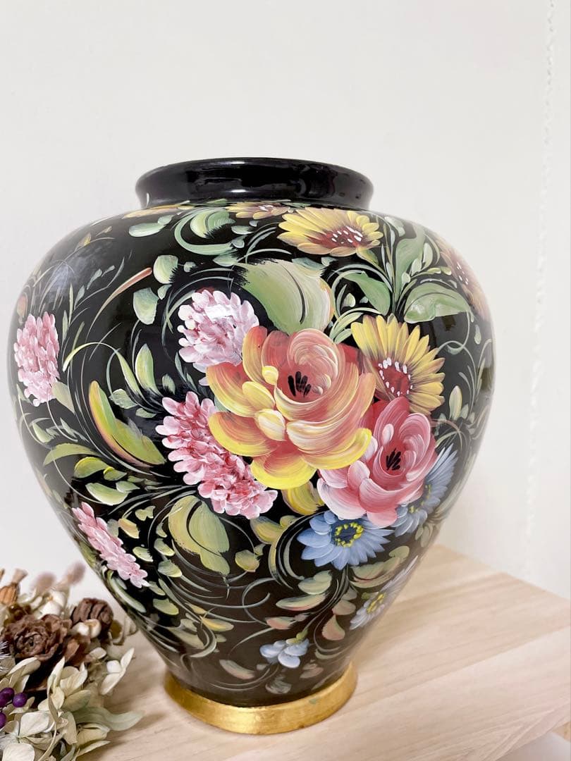 アンティーク　イタリア　フラワーベース　手描き　花模様　ピゴラロ