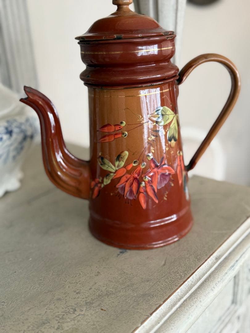 フランスアンティークホーロー秋色茶色グラデーションフクシア柄コーヒービギンポット