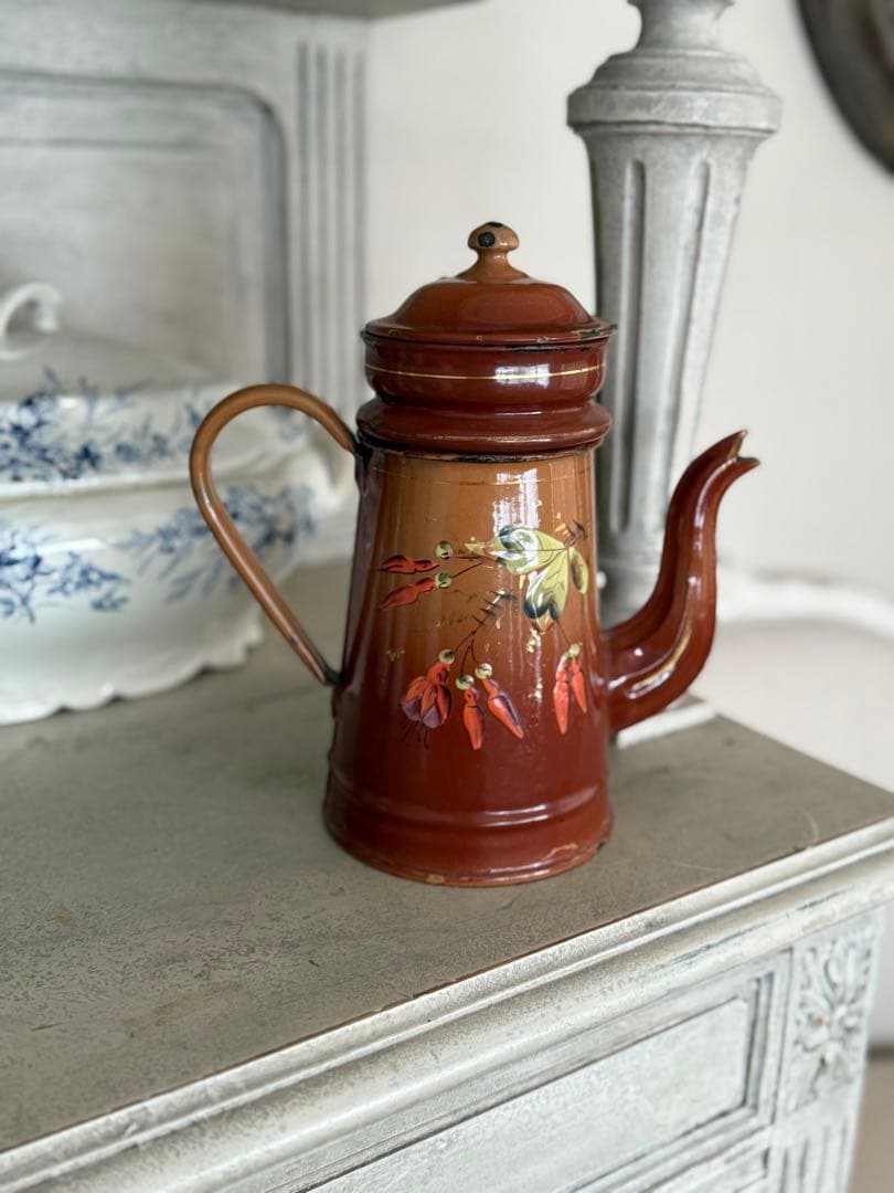 フランスアンティークホーロー秋色茶色グラデーションフクシア柄コーヒービギンポット