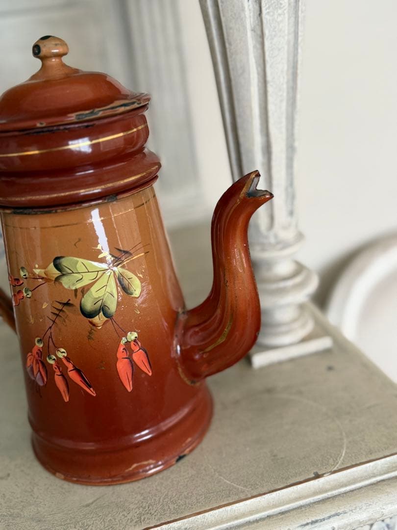 フランスアンティークホーロー秋色茶色グラデーションフクシア柄コーヒービギンポット