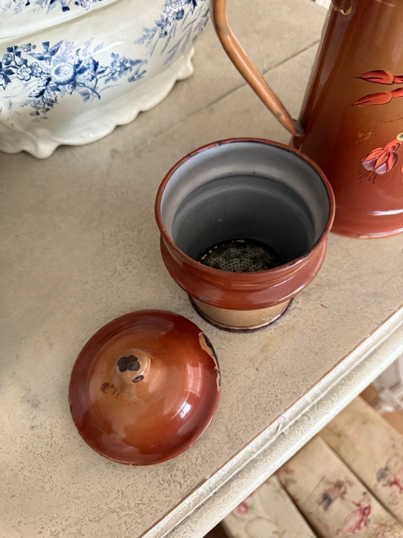 フランスアンティークホーロー秋色茶色グラデーションフクシア柄コーヒービギンポット