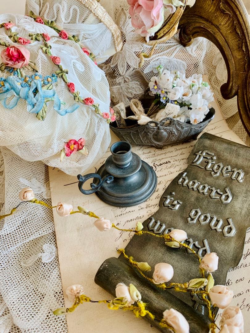 フランスアンティークジャルディニエール布花＆キャンドルホルダー＆オランダプレート