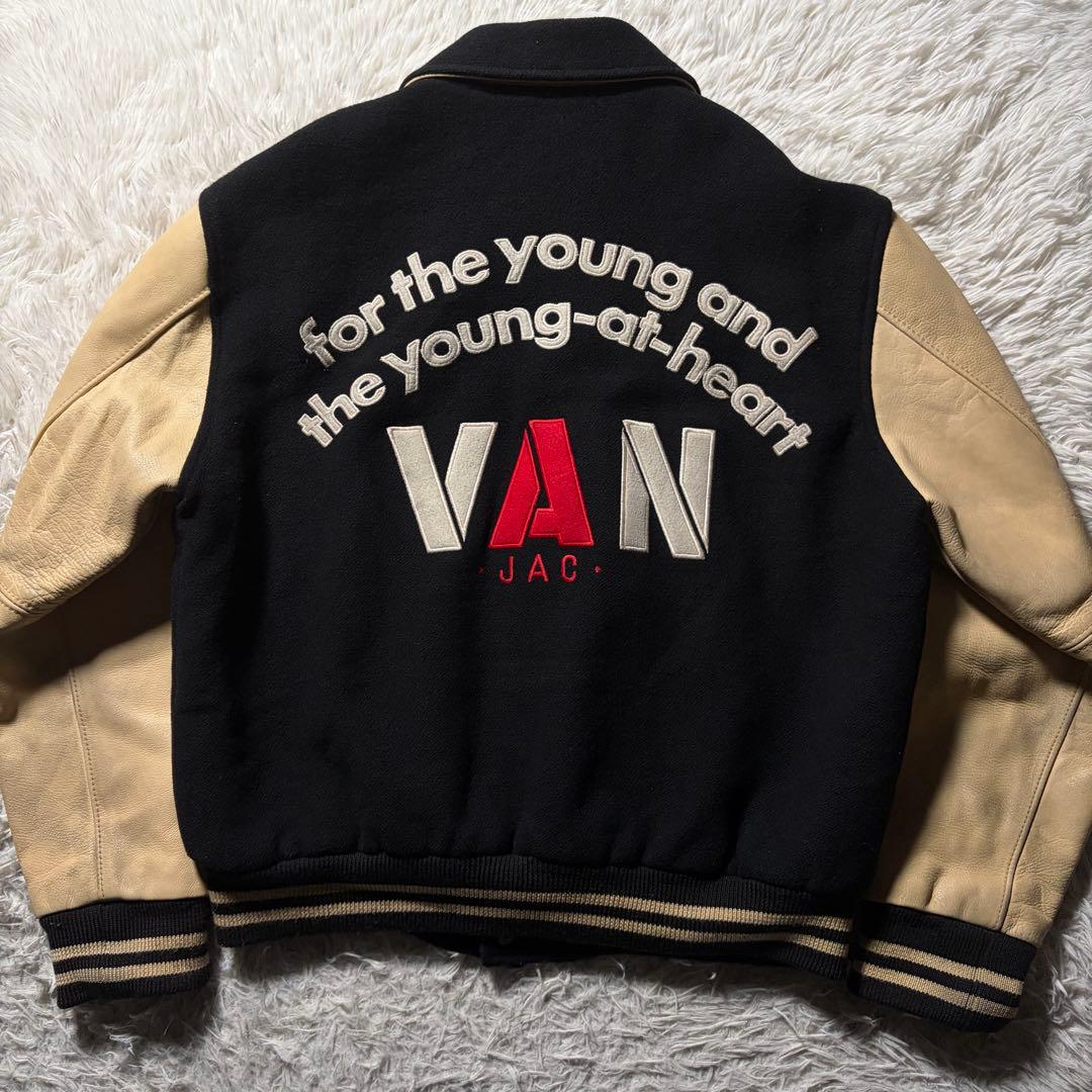 希少■VAN JACKET スタジャン　袖レザー　アーチロゴ　ネイビー　M