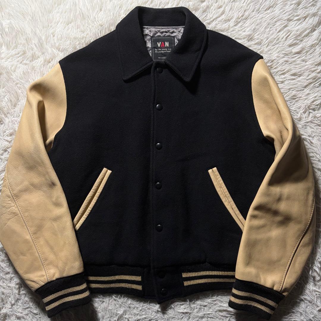 希少■VAN JACKET スタジャン　袖レザー　アーチロゴ　ネイビー　M