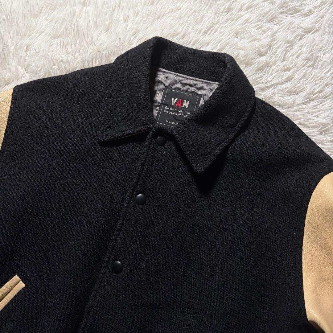 希少■VAN JACKET スタジャン　袖レザー　アーチロゴ　ネイビー　M
