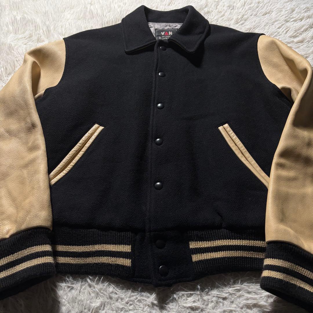 希少■VAN JACKET スタジャン　袖レザー　アーチロゴ　ネイビー　M