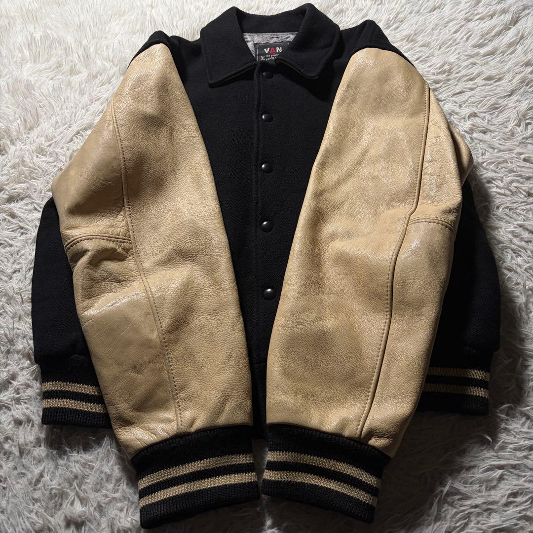 希少■VAN JACKET スタジャン　袖レザー　アーチロゴ　ネイビー　M