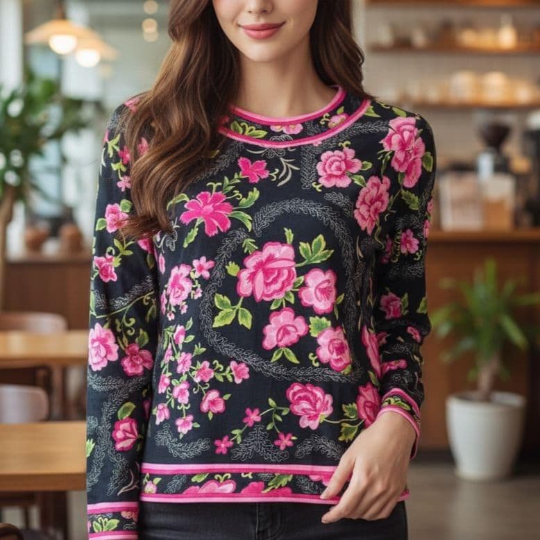 【極美品】LEONARD レオナール花柄 ウールxシルク混カットソー M 日本製