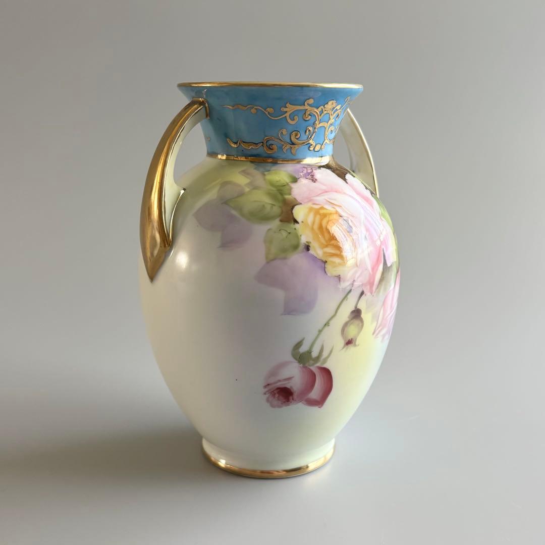 アンティーク　オールドノリタケ　総手描き　薔薇文　金彩ハンドル　花瓶　【稀少品】